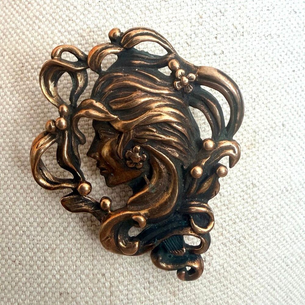 Vintage Art Nouveau Revival Lady Brooch Copper Tone Maiden Floral